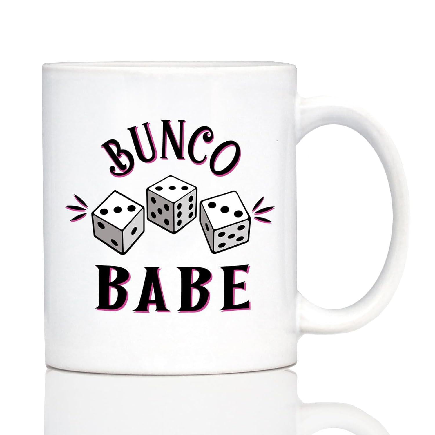 Tailorly White Ceramic 11 oz Mug - Bunco Babe Minimalist Line Art Three White Gaming Cubes With Black Dots Dice