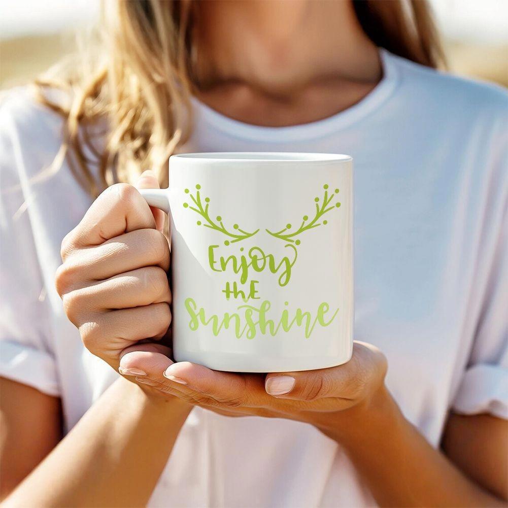 Tailorly White Ceramic 11 oz Mug - Enjoy The Sunshine Delicate Green Botanical Leaves Arranged In Symmetric Arc Style Sprig