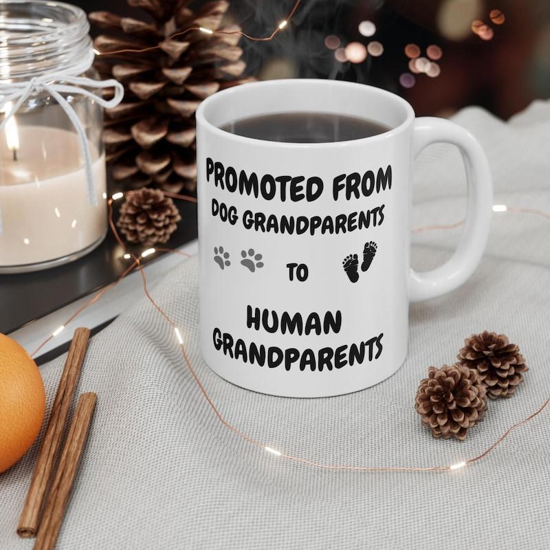 Tailorly White Ceramic 11 oz Mug - Promoted From Dog Grandparents To Human Grandparents Featuring Small Paw Prints And Baby Footprints Mug