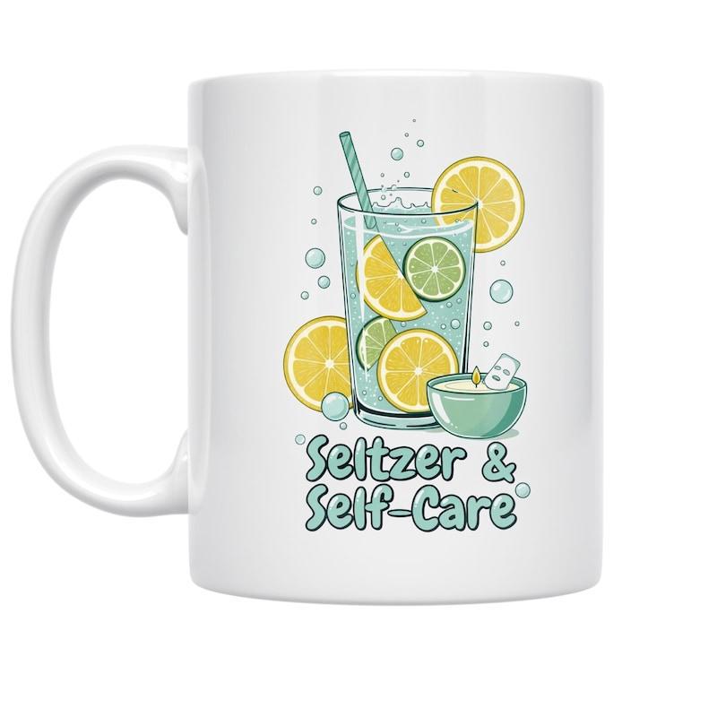 Tailorly White Ceramic 11 oz Mug - Seltzer Self Care Refreshing Bubbling Glass Of Water With Yellow Lemons And Limes Seltzer