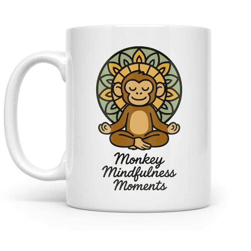 Tailorly White Ceramic 11 oz Mug - Monkey Mindfulness Moments Peaceful Primate Meditating Gracefully In Front Of Geometric Circular Pattern Monkey