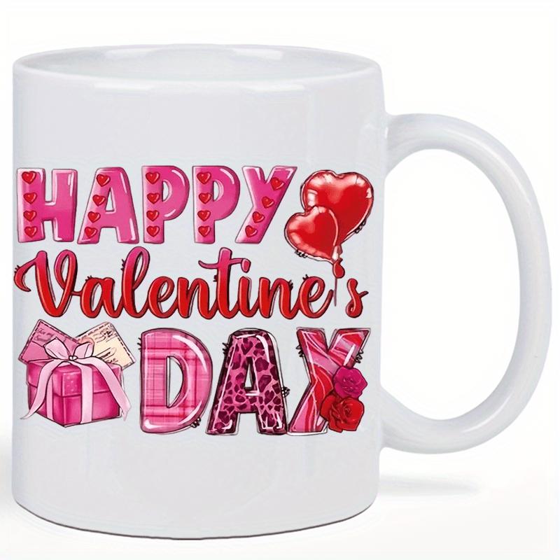 Tailorly White Ceramic 11 oz Mug - Happy Valentine's Day Festive Pink Gift Box With Heart Balloons And Romantic Roses Mug