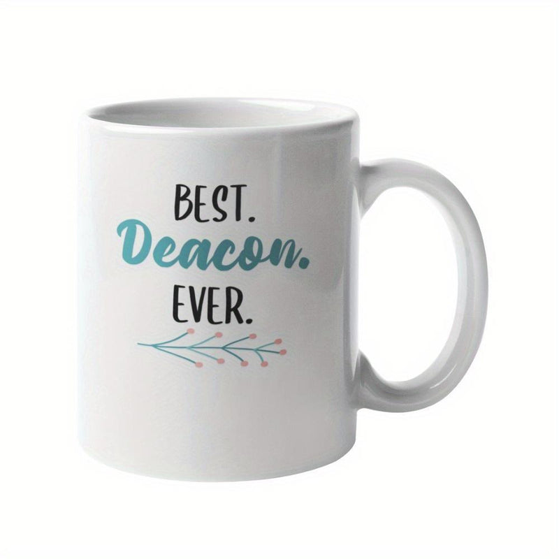 Tailorly White Ceramic 11 oz Mug - Best Deacon Ever Minimalist With Teal Decorative Botanical Leaf Branch Mug