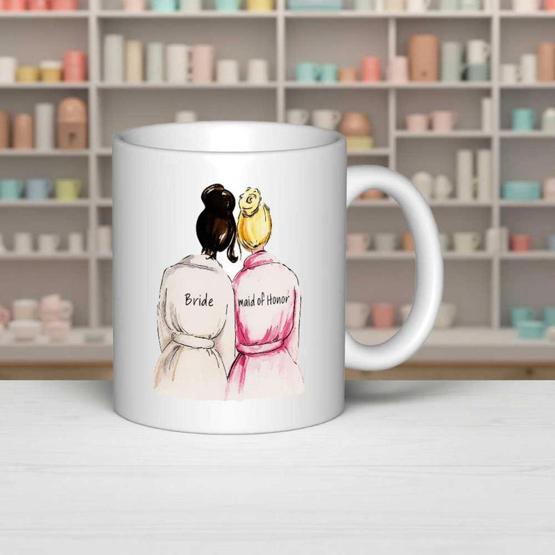 Tailorly White Ceramic 11 oz Mug - Bride Maid Of Honor Elegant Best Friends Wearing Robes Getting Ready For Wedding Illustration