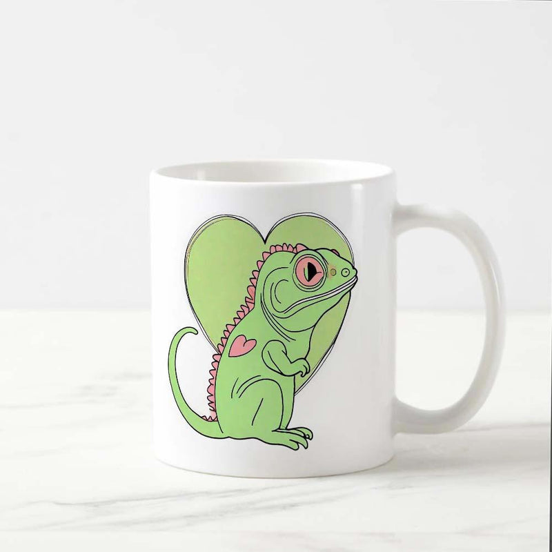 Tailorly White Ceramic 11 oz Mug - Cute Green Cartoon Reptile Standing Before A Large Heart Shaped Background Iguana