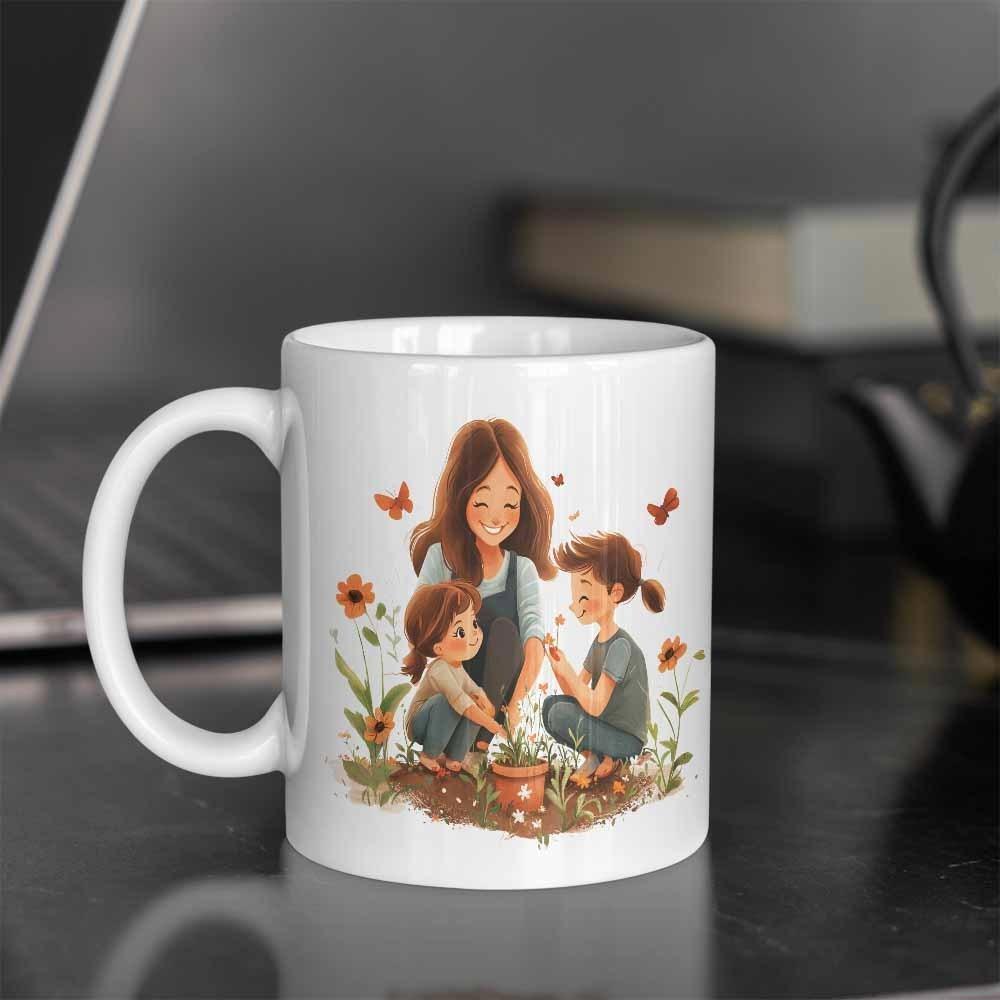 Tailorly White Ceramic 11 oz Mug - Loving Mother Sitting In Garden With Two Children Among Flowers Family