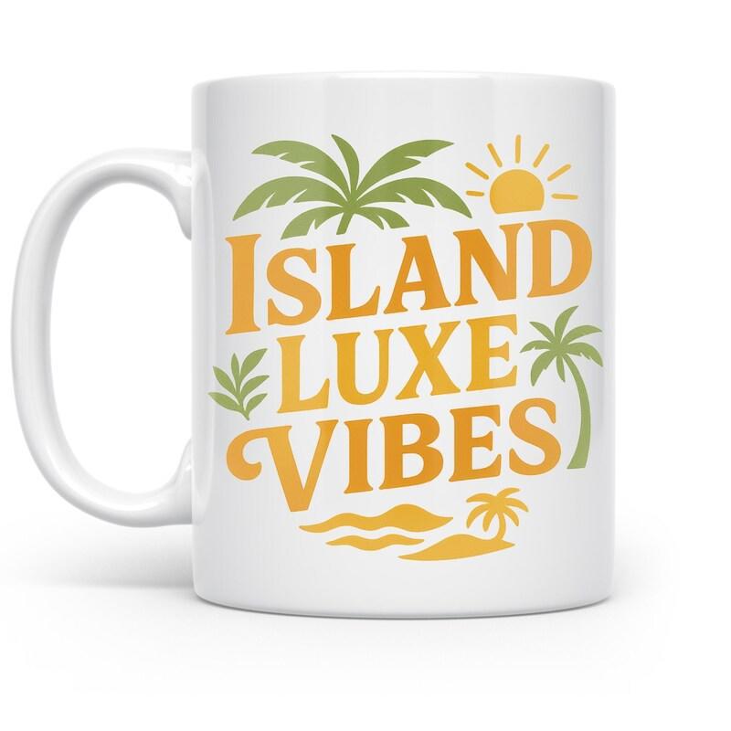 Tailorly White Ceramic 11 oz Mug - Island Luxe Vibes Tropical Palm Trees With Shining Sun And Rolling Beach Waves Island