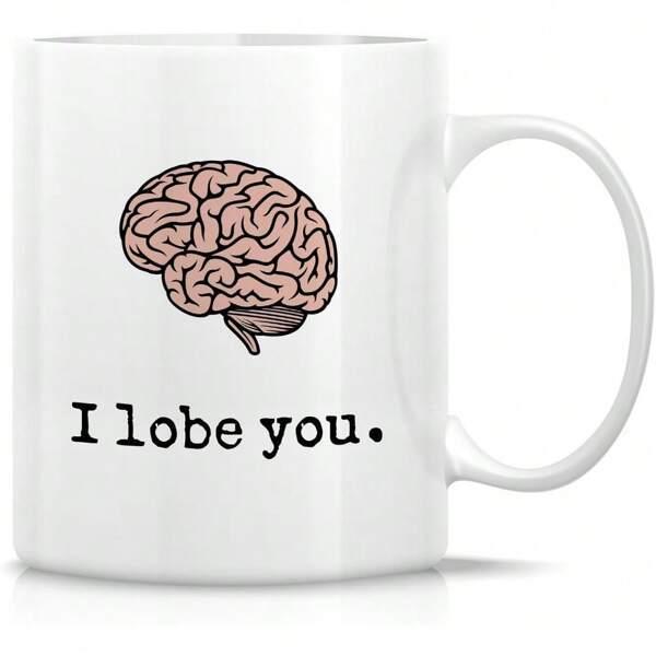 Tailorly White Ceramic 11 oz Mug - I Lobe You Detailed Anatomical Pink Human Organ Illustration Floating Over Black Pun Text Brain