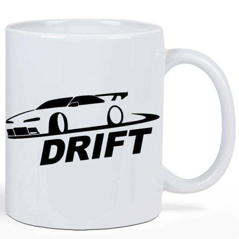 Tailorly White Ceramic 11 oz Mug - Drift Fast Racing Car Sliding On Track With Smoking Tires Bold Silhouette Car
