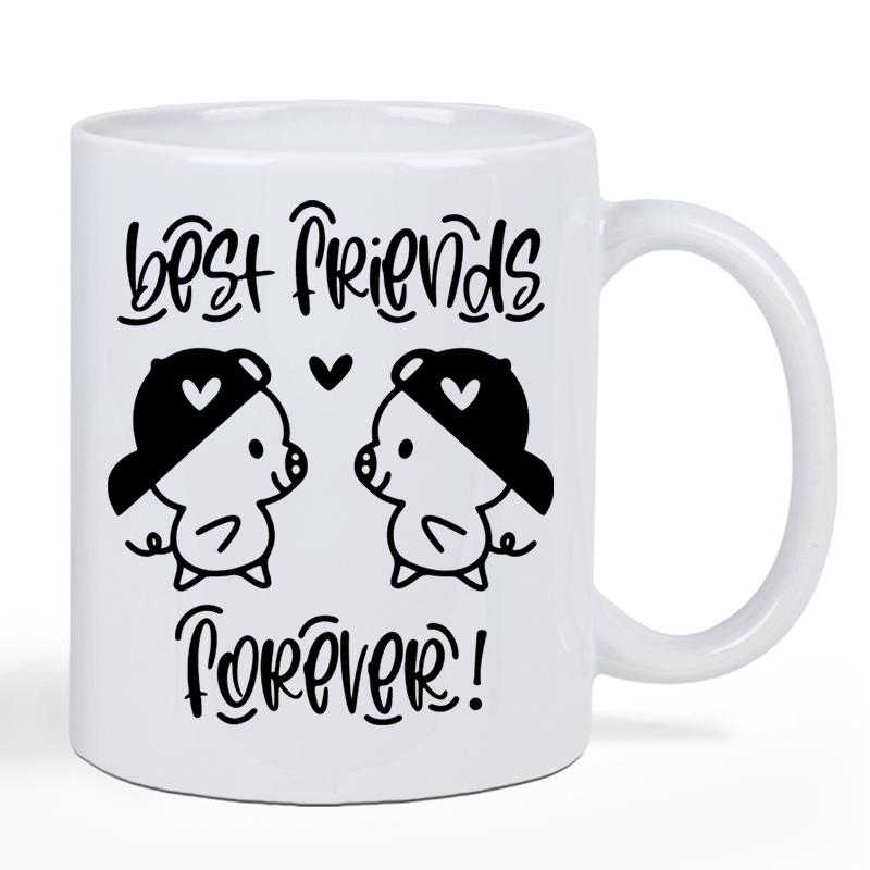 Tailorly White Ceramic 11 oz Mug - Best Friends Forever Two Cute Cartoon Piglets Wearing Baseball Caps Facing Each Other Pig