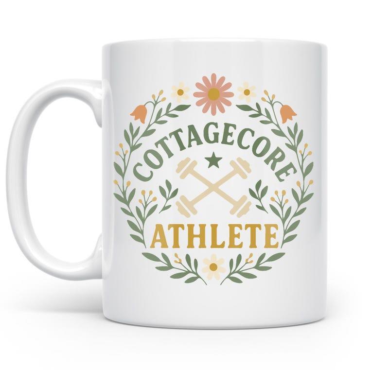 Tailorly White Ceramic 11 oz Mug - Cottagecore Athlete Vintage Floral Wreath With Crossed Barbells And Artistic Botanical Leaves Emblem