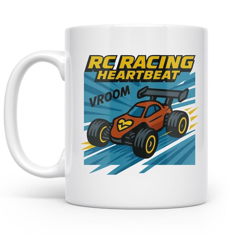 Tailorly White Ceramic 11 oz Mug - RC Racing Heartbeat Vroom Vibrant Orange Racing Vehicle Speeding Across Dynamic Blue Motion Track Lines Car