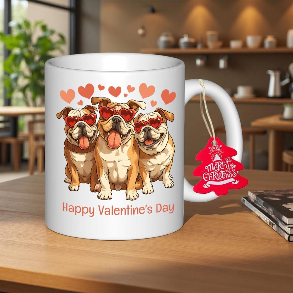 Tailorly White Ceramic 11 oz Mug - Happy Valentine's Day Three Adorable Bulldogs Wearing Heart Shaped Sunglasses Under Floating Hearts Bulldog