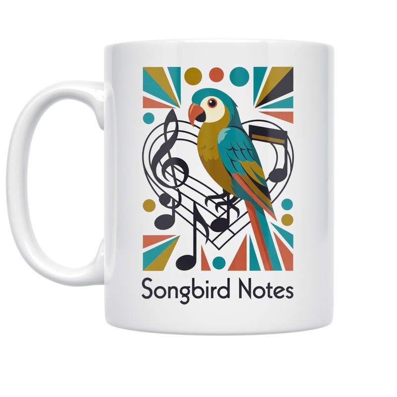 Tailorly White Ceramic 11 oz Mug - Songbird Notes Vibrant Colorful Retro Geometric Shapes With Musical Notes And Singing Parrot