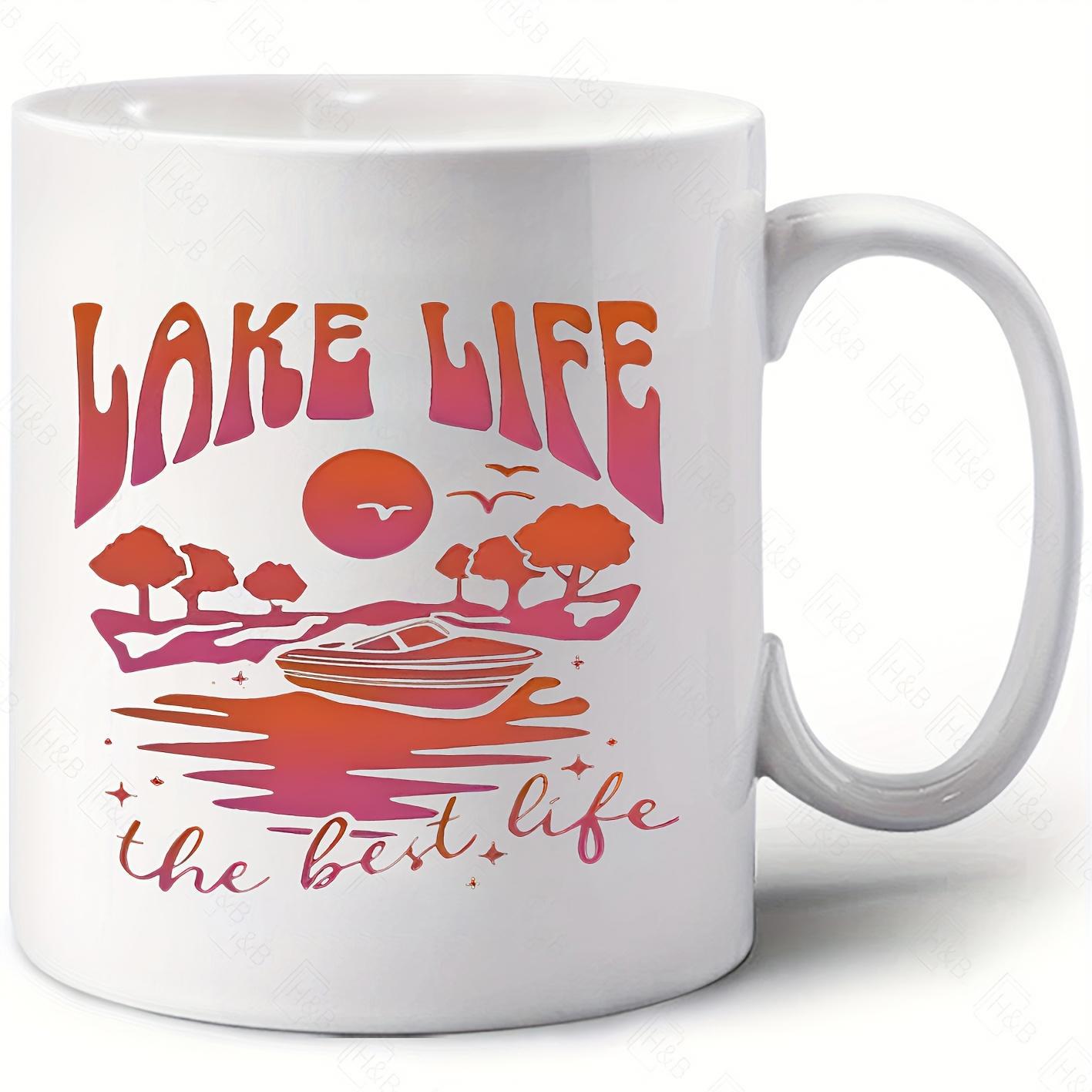 Tailorly White Ceramic 11 oz Mug - Lake Life The Best Life Retro Sunset Scenery With Orange Trees On Serene Waterside Boat