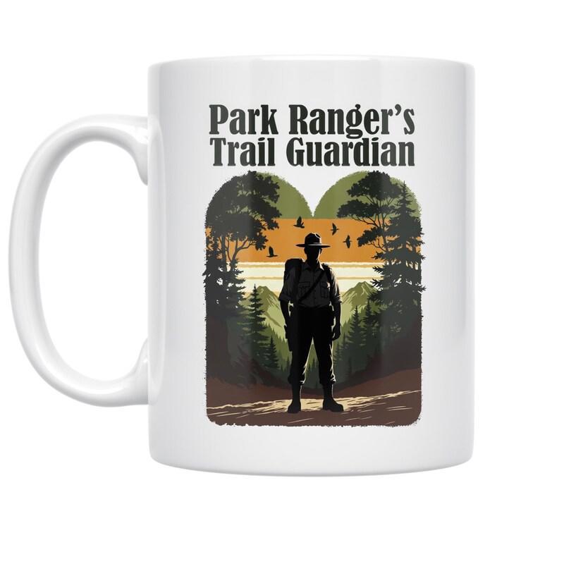 Tailorly White Ceramic 11 oz Mug - Park Rangers Trail Guardian Silhouetted Figure Standing Amidst Tall Pine Trees During Sunset Ranger
