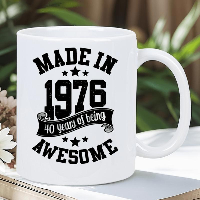 Tailorly White Ceramic 11 oz Mug - Made In 1976 40 Years Of Being Awesome Minimalist Typography Design With Small Stars Across Curved Banner On Ceramic Mug