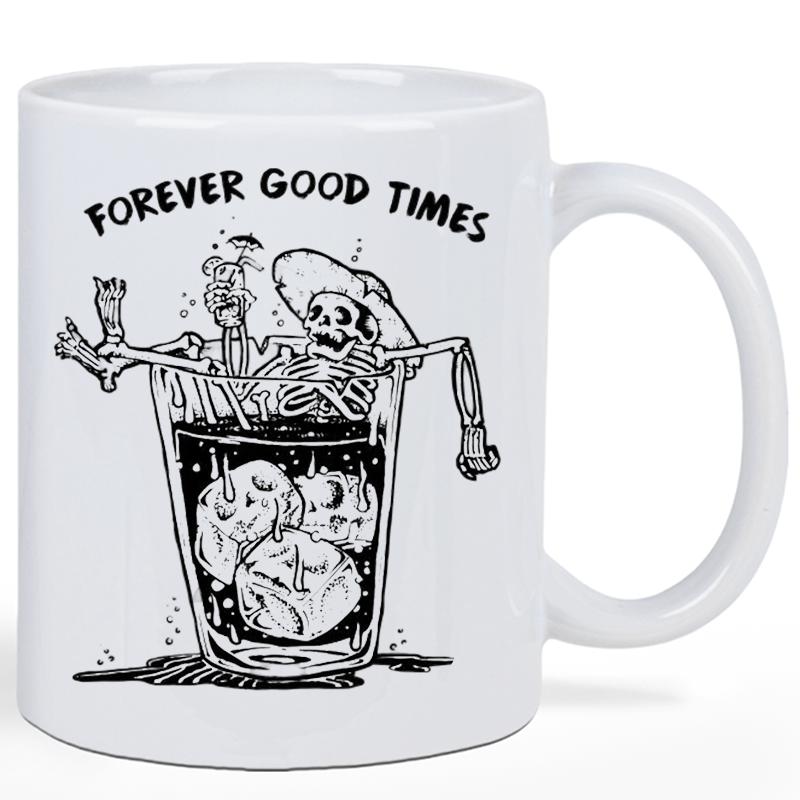 Tailorly White Ceramic 11 oz Mug - Forever Good Times Relaxing Skeleton Resting Inside Chilled Cocktail Glass With Large Ice Cubes Skeleton
