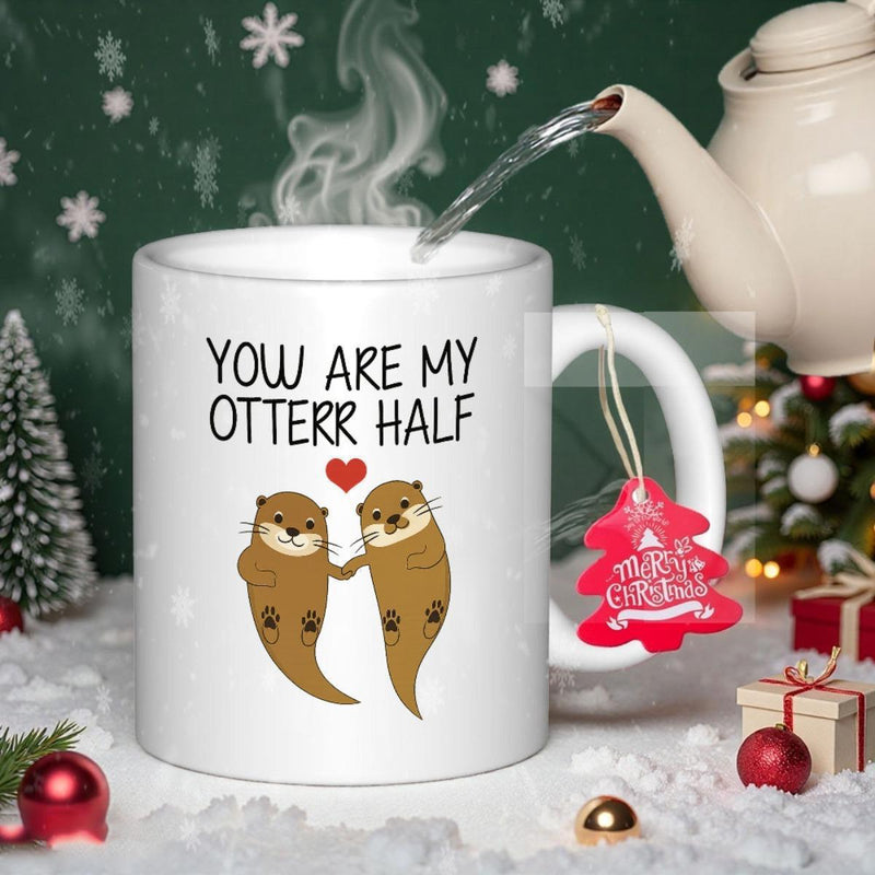 Tailorly White Ceramic 11 oz Mug - You Are My Otter Half Two Adorable Brown Cartoon Animals Holding Hands Beneath Red Heart Otter