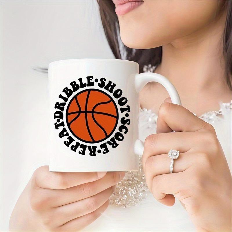 Tailorly White Ceramic 11 oz Mug - Repeat Dribble Shoot Score Classic Orange Ball With Black Outlines Among Circular Sports Text Basketball