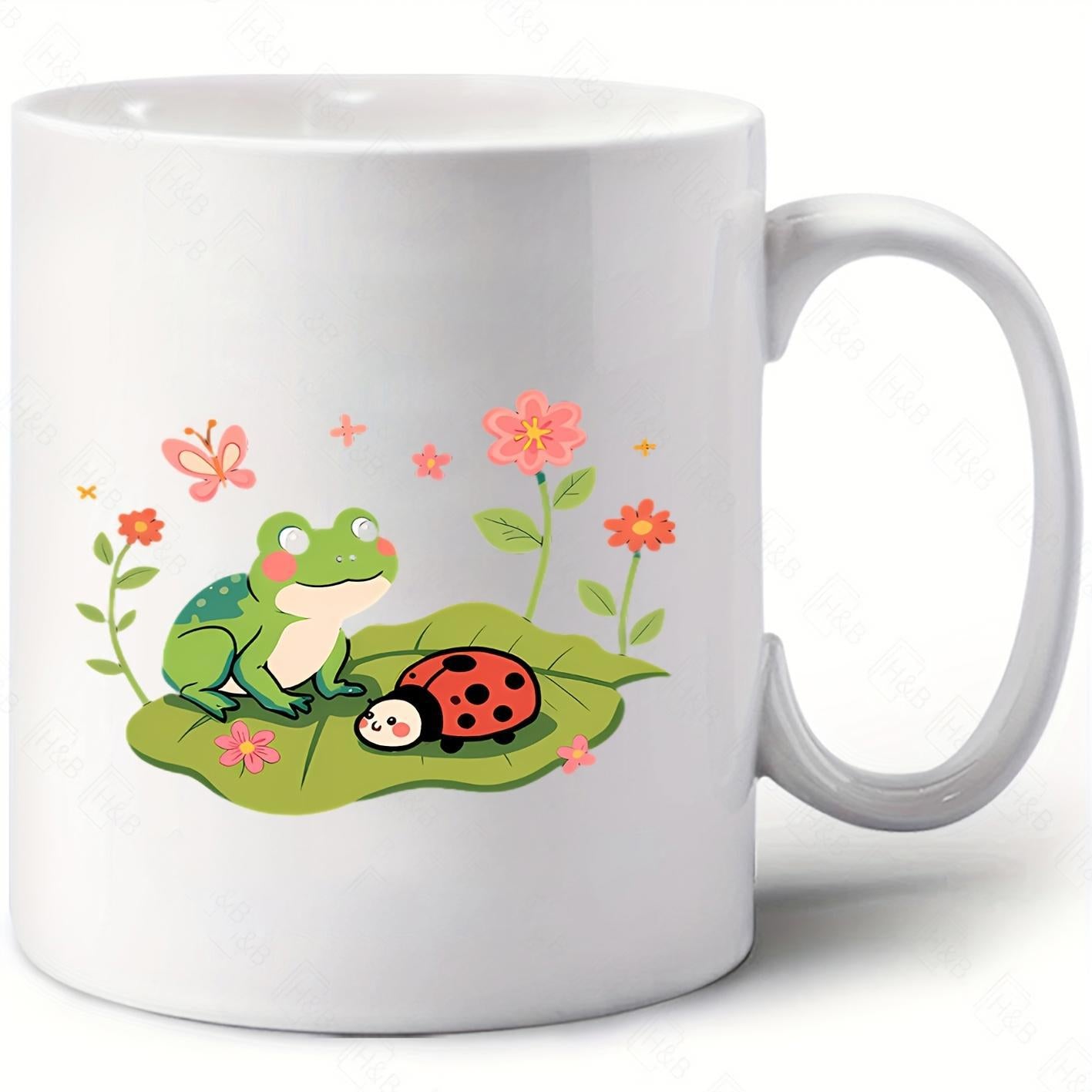 Tailorly White Ceramic 11 oz Mug - Cute Cartoon Garden Scene With Ladybug And Flowers Surrounding A Green Frog