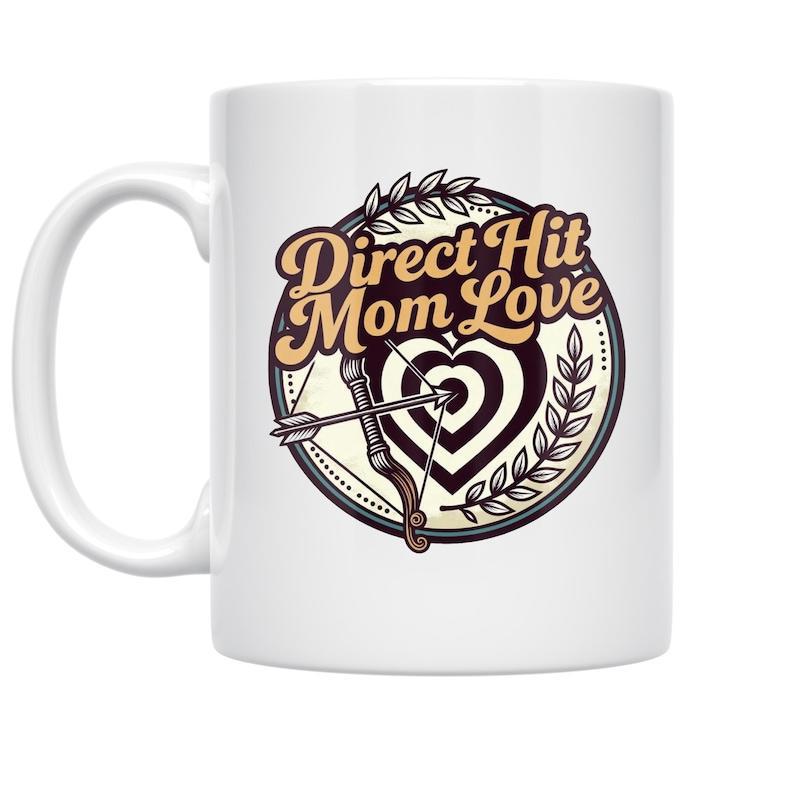 Tailorly White Ceramic 11 oz Mug - Direct Hit Mom Love Retro Circular Badge With Laurel Wreath And Heart Shaped Bullseye Target