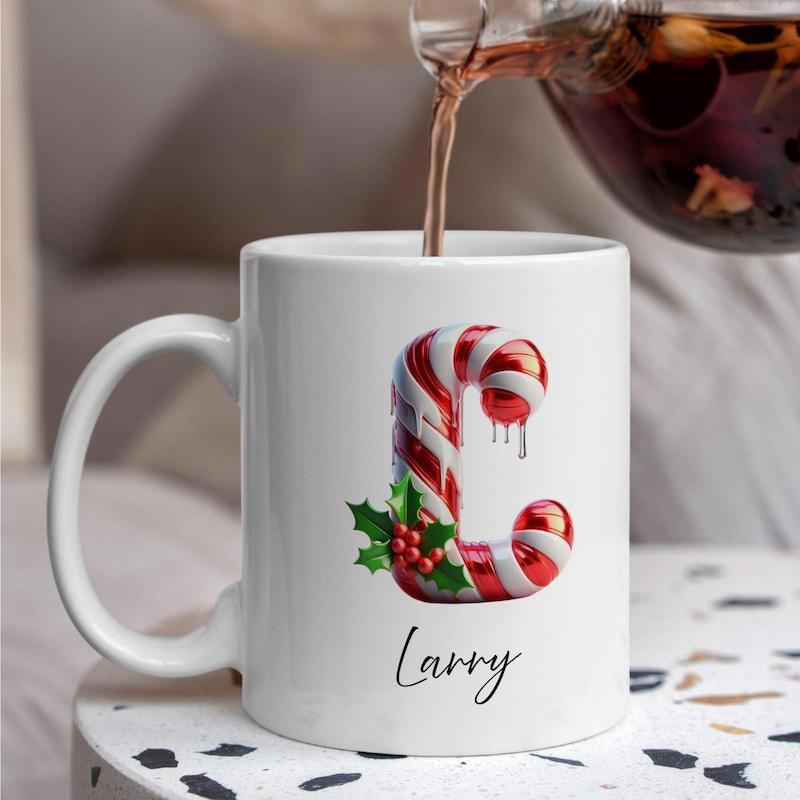 Tailorly White Ceramic 11 oz Mug - Larry Festive Red White Striped Candy Cane Letter With Green Holly Mug
