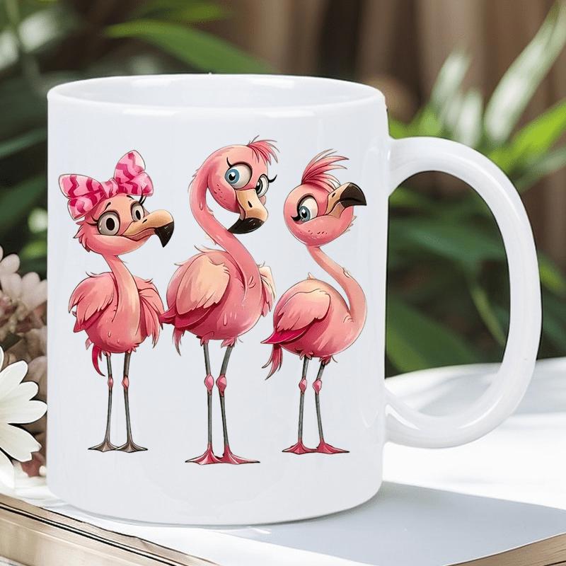 Tailorly White Ceramic 11 oz Mug - Three Cute Pink Cartoon Birds Standing Together With Expressive Eyes Flamingo