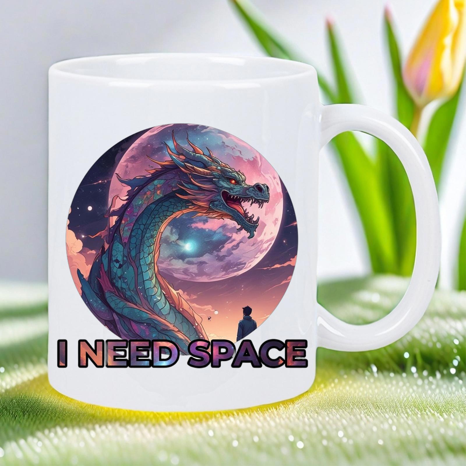 Tailorly White Ceramic 11 oz Mug - I Need Space Majestic Roaring Under A Glowing Pink Celestial Moon Among Stars Dragon