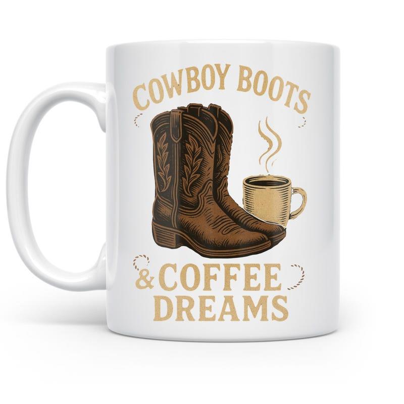 Tailorly White Ceramic 11 oz Mug - Cowboy Boots Coffee Dreams Vintage Brown Leather Footwear Beside Steaming Hot Morning Coffee Boots