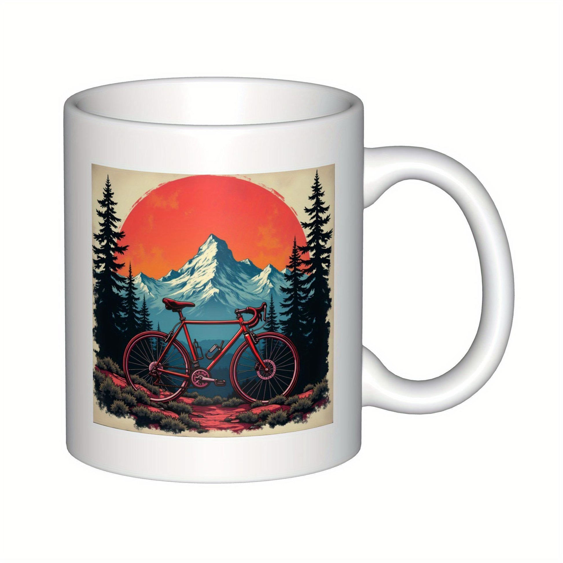 Tailorly White Ceramic 11 oz Mug - Majestic Mountain Range Under Large Red Sun Among Pine Trees Bicycle