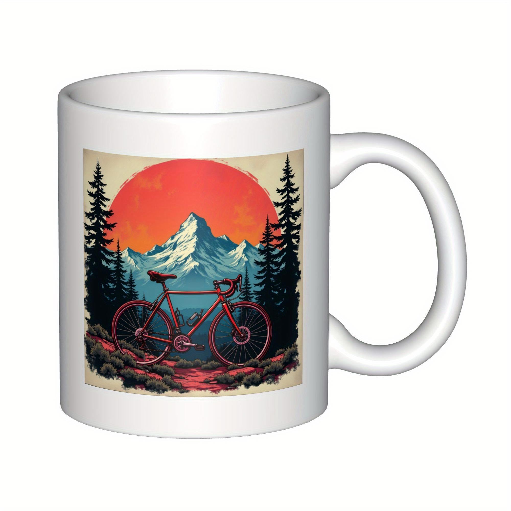Tailorly White Ceramic 11 oz Mug - Majestic Mountain Range Under Large Red Sun Among Pine Trees Bicycle