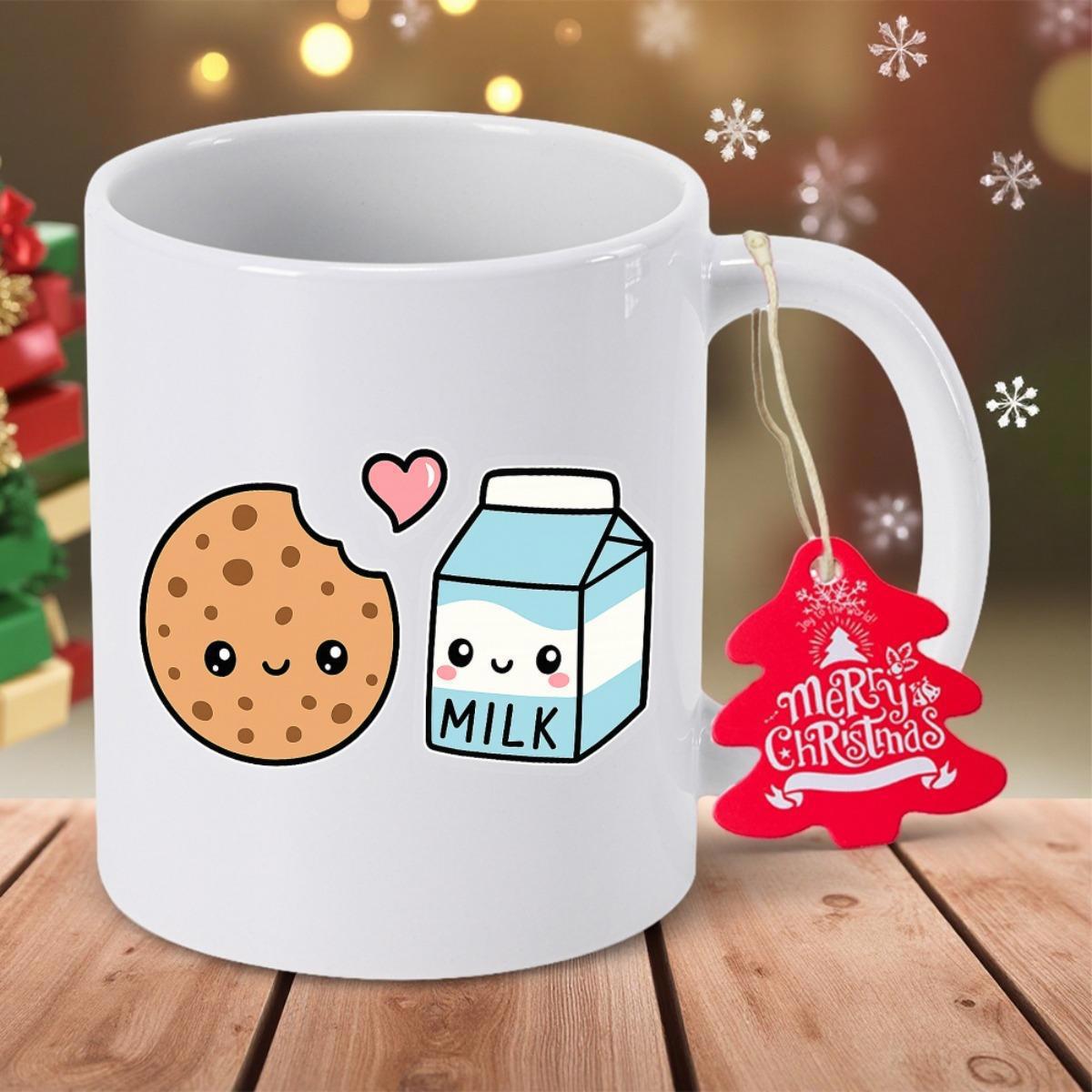 Tailorly White Ceramic 11 oz Mug - Milk Merry Christmas Adorable Smiling Cartoon Cookie And Milk Carton Sharing Small Heart Mug