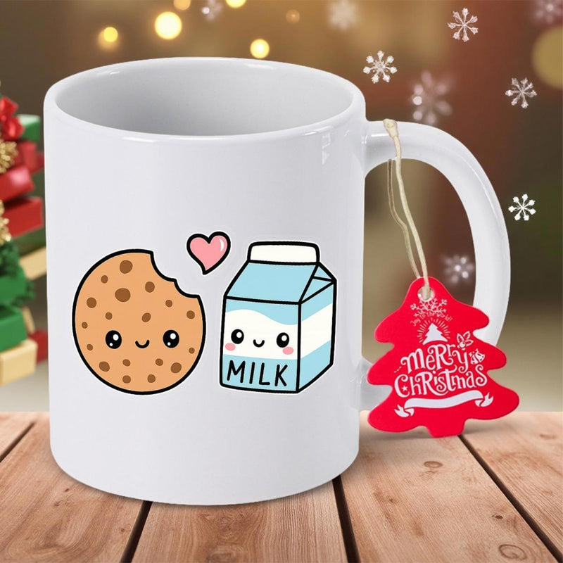 Tailorly White Ceramic 11 oz Mug - Milk Merry Christmas Adorable Smiling Cartoon Cookie And Milk Carton Sharing Small Heart Mug