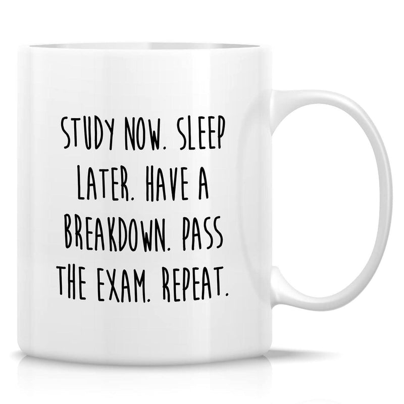 Tailorly White Ceramic 11 oz Mug - Study Now Sleep Later Have A Breakdown Pass The Exam Repeat Minimalist White Ceramic Vessel With Bold Hand Drawn Black