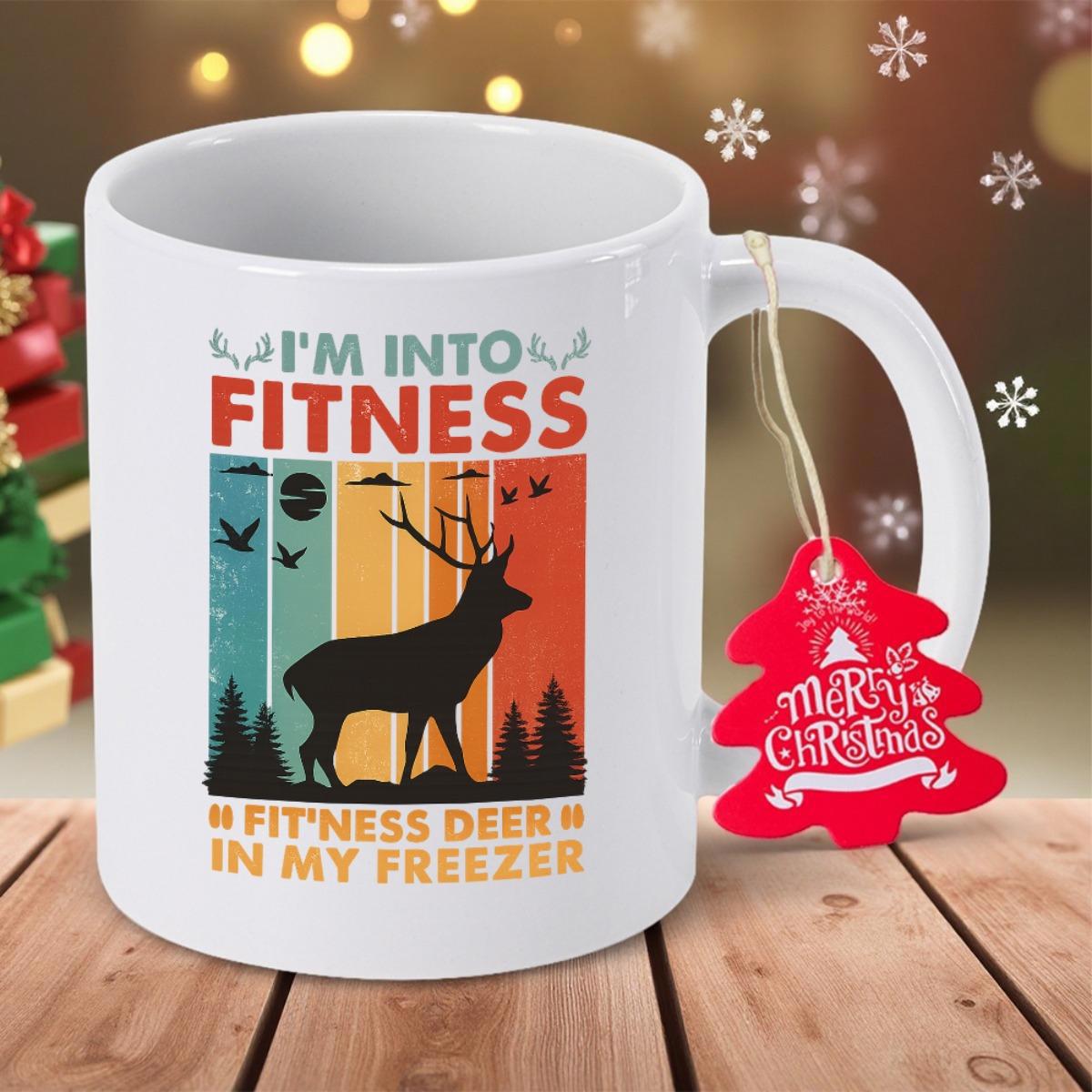 Tailorly White Ceramic 11 oz Mug - I Am Into Fitness Fitness Deer In My Freezer Vintage Retro Sunset Background With Forest Silhouette And Flying Birds Among Pine