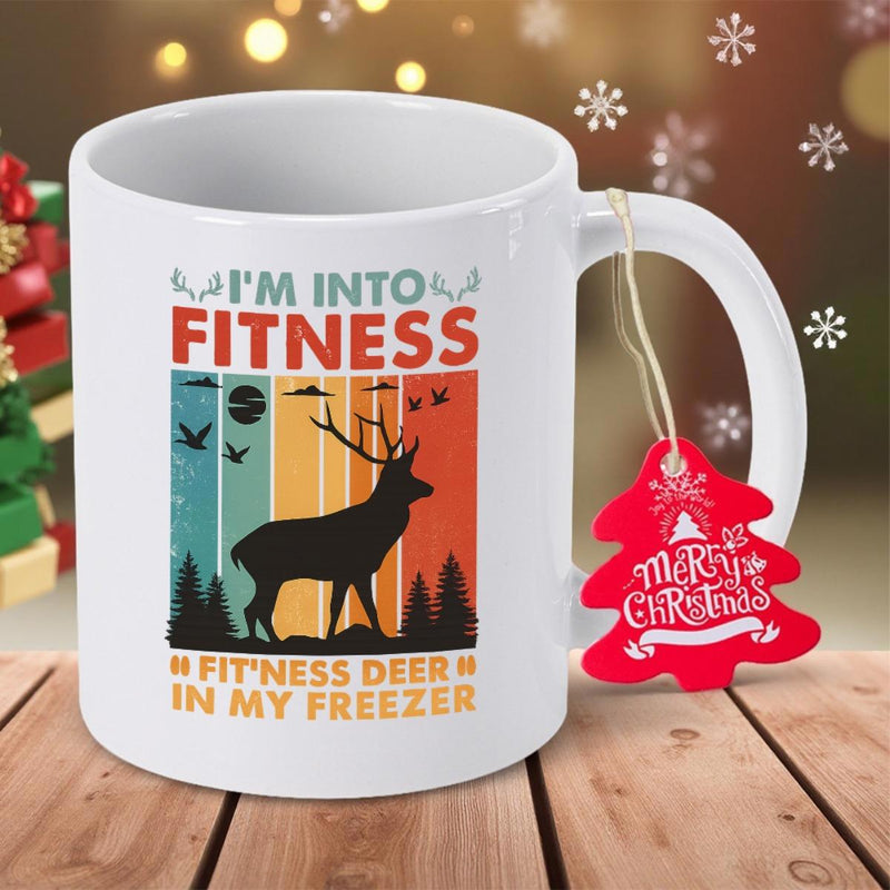 Tailorly White Ceramic 11 oz Mug - I Am Into Fitness Fitness Deer In My Freezer Vintage Retro Sunset Background With Forest Silhouette And Flying Birds Among Pine