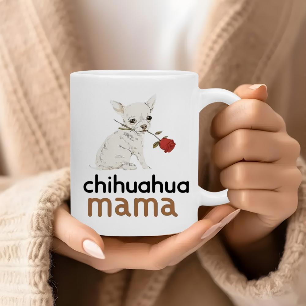 Tailorly White Ceramic 11 oz Mug - Chihuahua Mama Adorable White Dog Holding A Single Red Rose Within Mouth Chihuahua