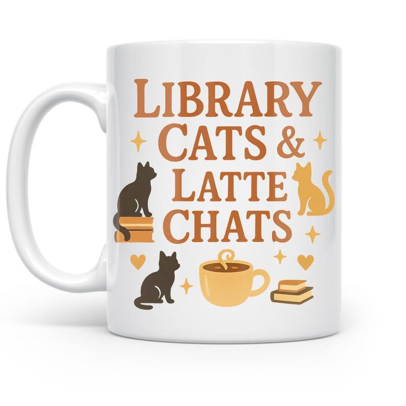 Tailorly White Ceramic 11 oz Mug - Library Cats Latte Chats Playful Kittens Sitting Among Books Near A Steaming Coffee Mug