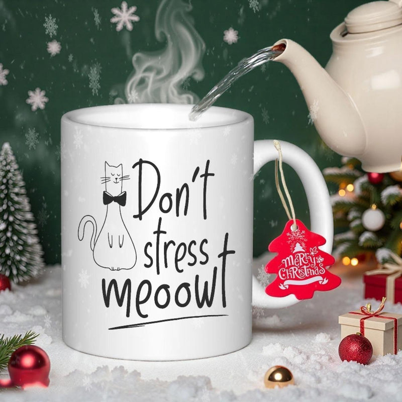 Tailorly White Ceramic 11 oz Mug - Dont Stress Meoowt Minimalist Line Art Illustration Of A Charming Bowtie Wearing Cat