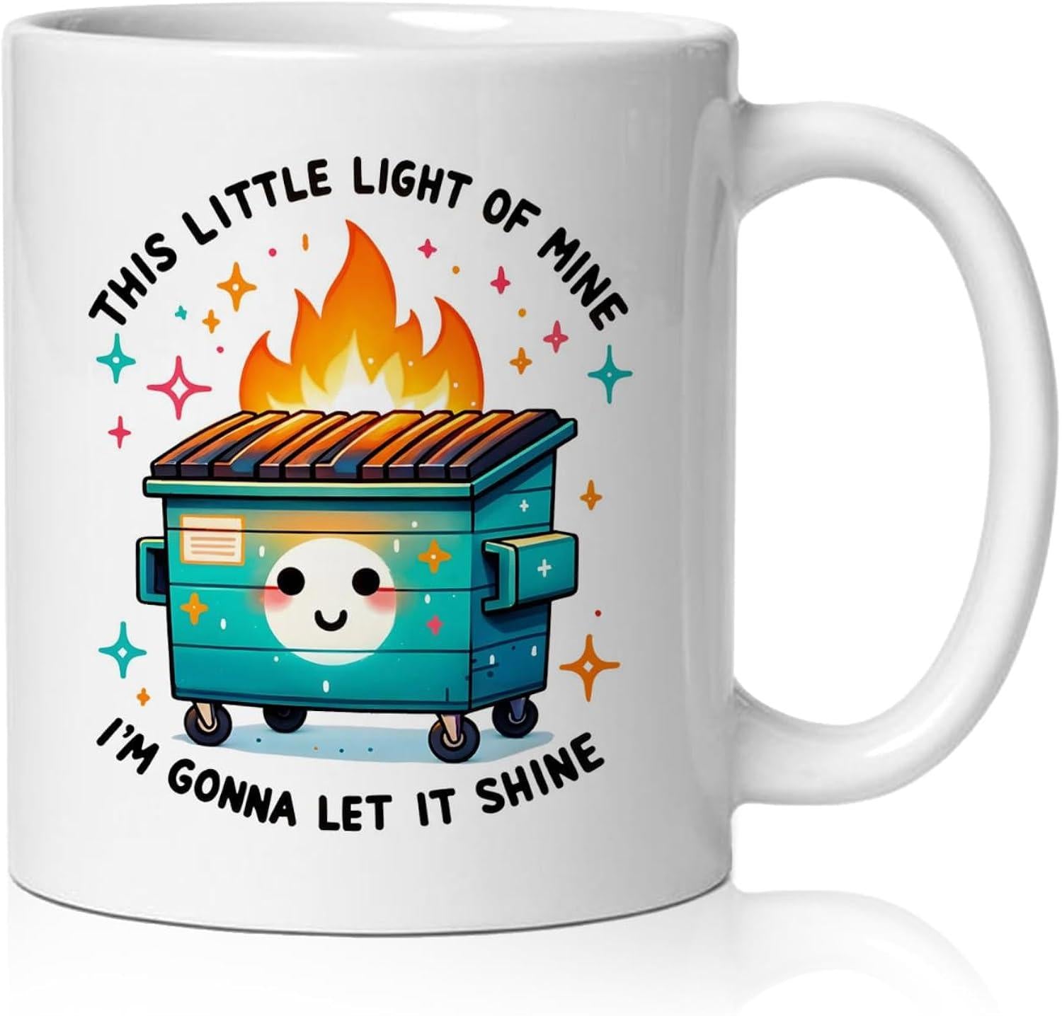 Tailorly White Ceramic 11 oz Mug - This Little Light Of Mine Im Gonna Let It Shine Cute Smiling Blue Cartoon Bin With Bright Orange Flames And Sparkles Dumpster