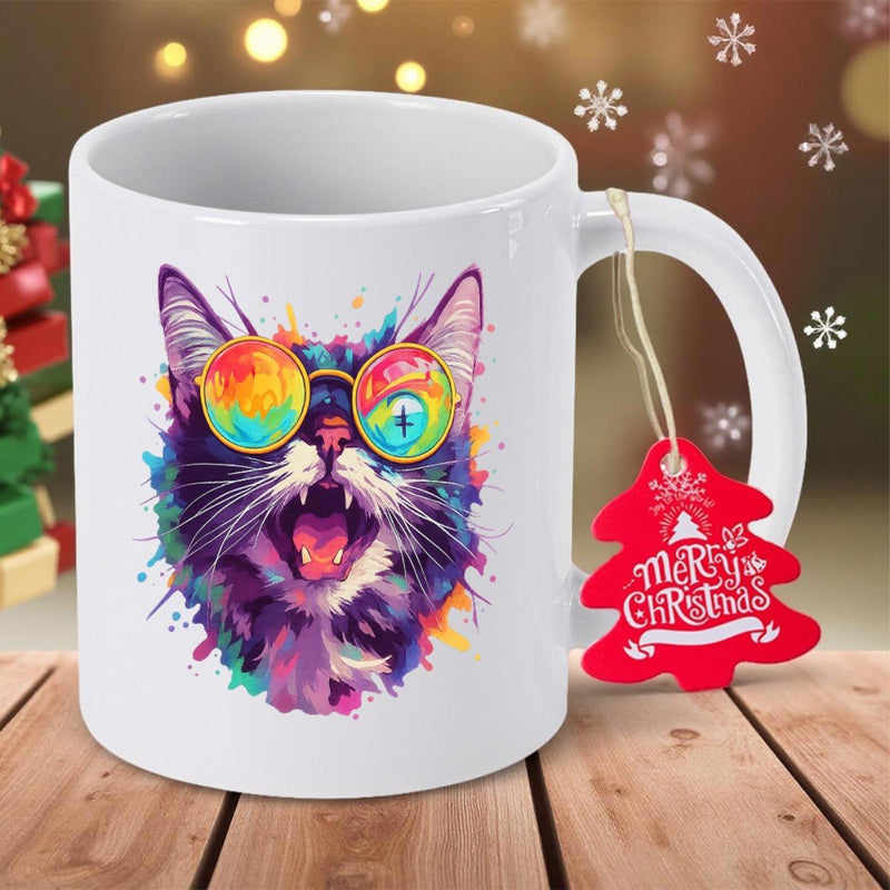 Tailorly White Ceramic 11 oz Mug - Merry Christmas Artistic Splatter Paint Wearing Rainbow Tinted Round Sunglasses Cat
