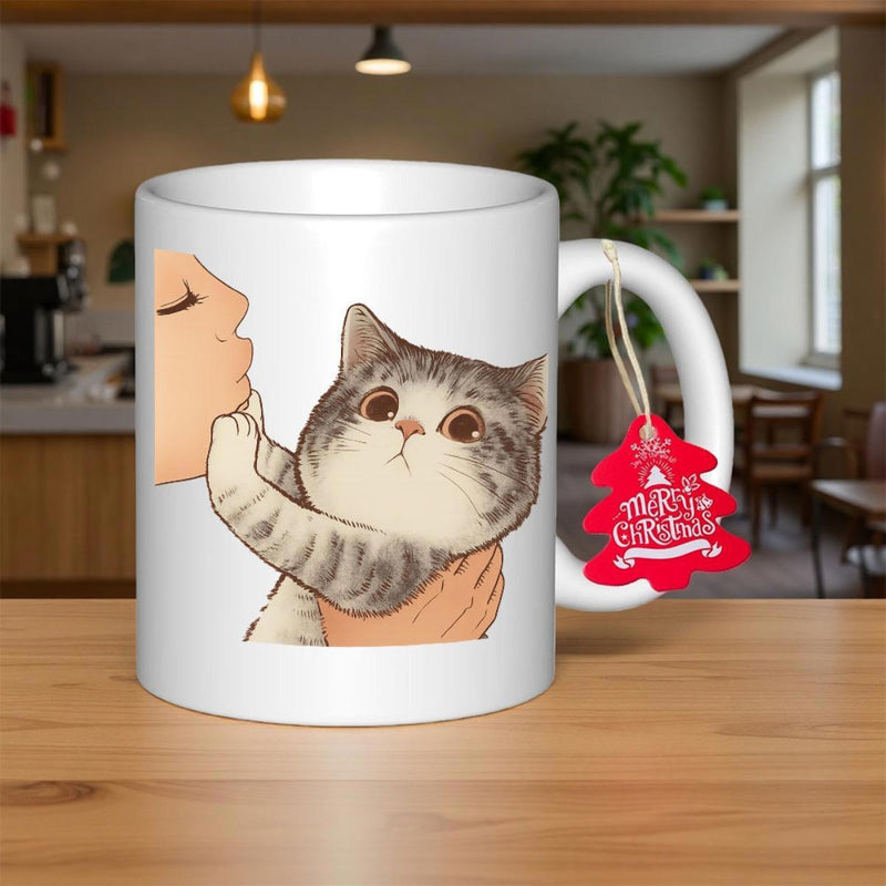 Tailorly White Ceramic 11 oz Mug - Merry Christmas Adorable Illustration Of A Woman Holding A Fluffy Grey Tabby Cat