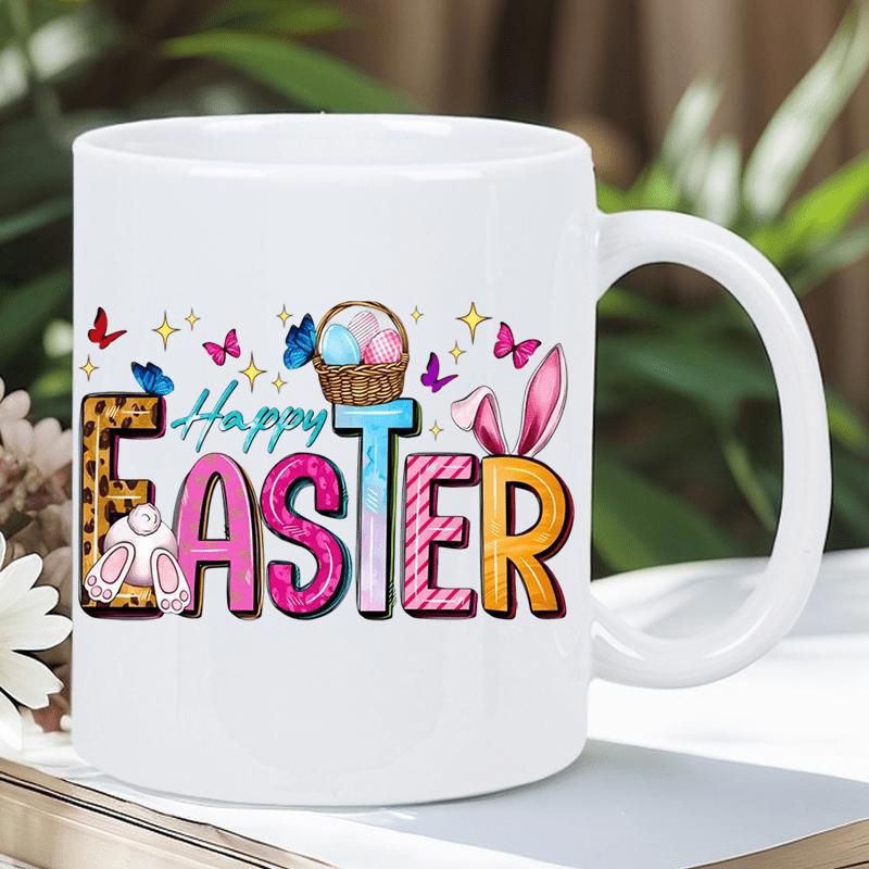 Tailorly White Ceramic 11 oz Mug - Happy Easter Colorful Butterflies Dancing Among Vibrant Eggs In A Woven Basket Bunny