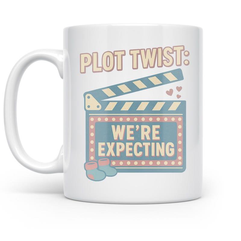 Tailorly White Ceramic 11 oz Mug - Plot Twist Were Expecting Retro Style Film Production Slate Surrounded By Hearts And Tiny Booties Clapperboard