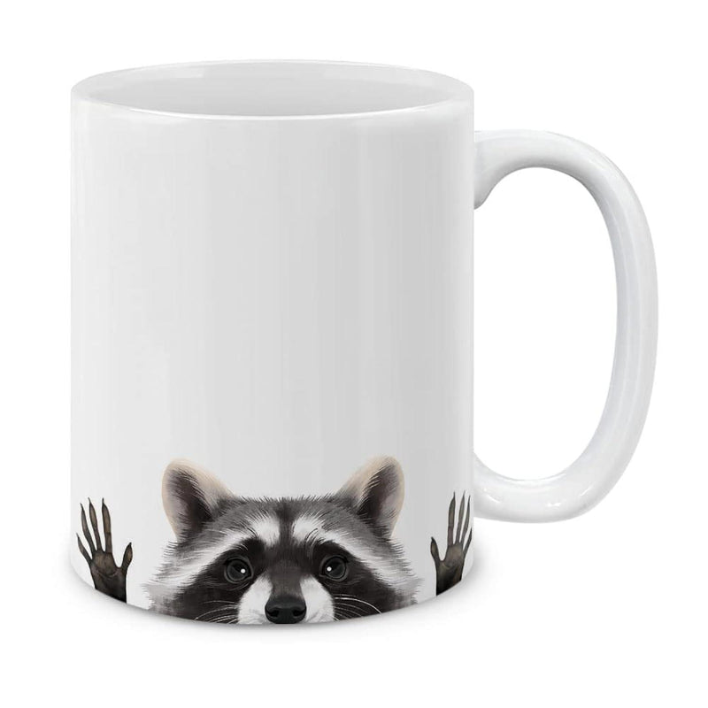 Tailorly White Ceramic 11 oz Mug - Curious Realistic Raccoon Peeking Over Edge With Tiny Paws Showing Raccoon