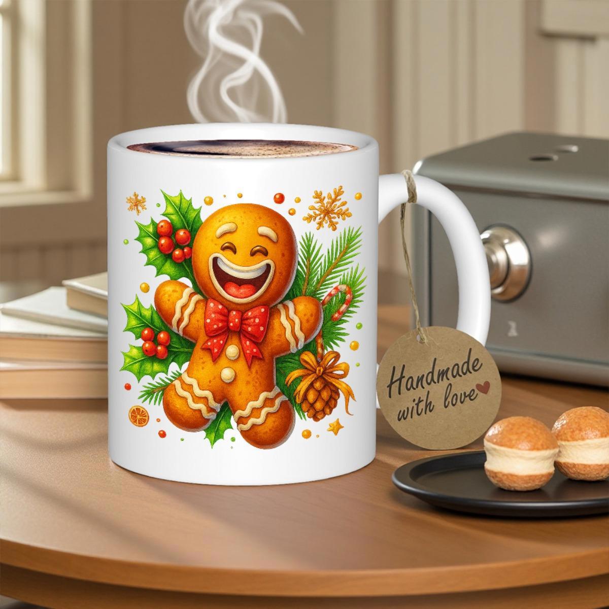 Tailorly White Ceramic 11 oz Mug - Handmade With Love Joyful Smiling Festive Character Among Holly Leaves And Pine Needles Gingerbread Man