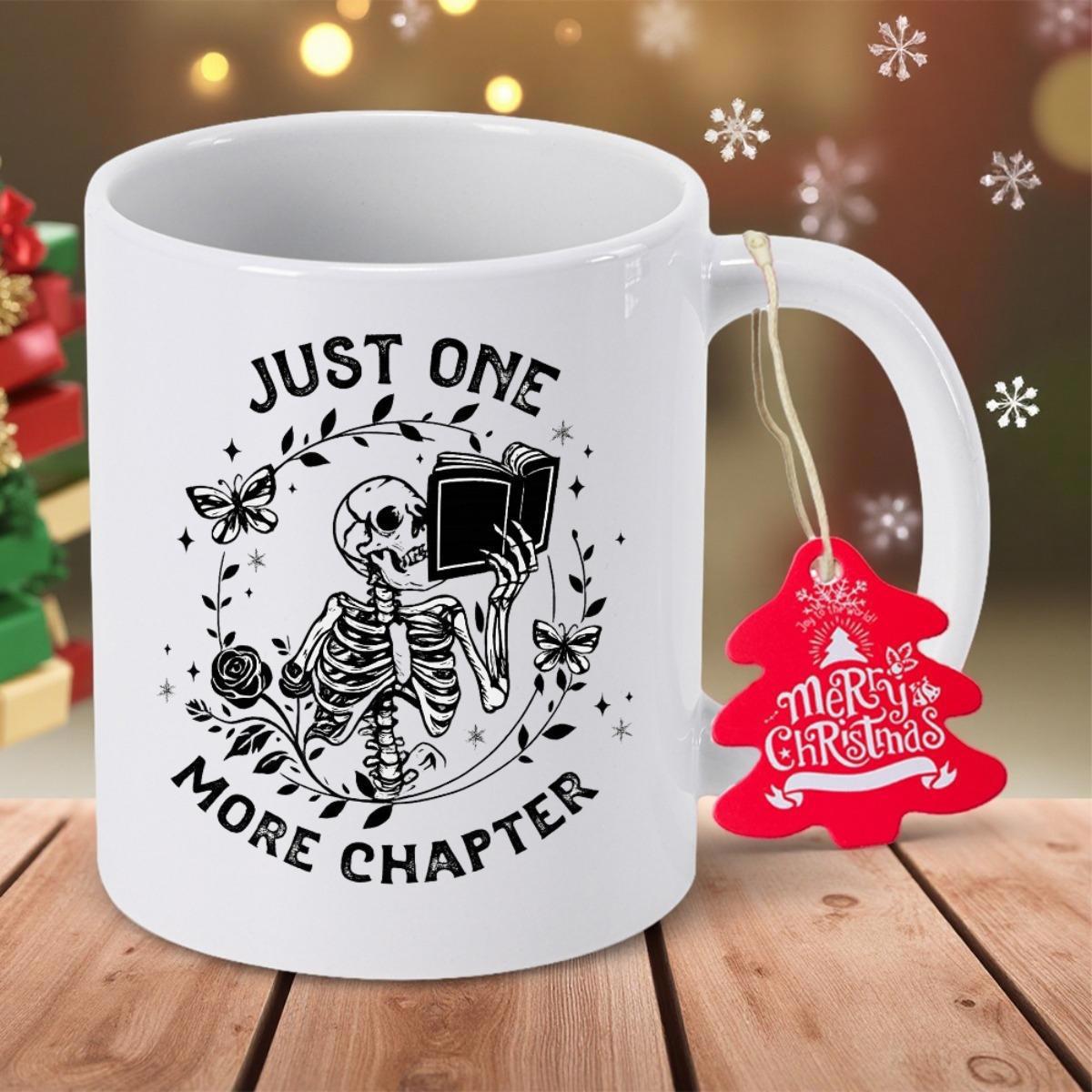 Tailorly White Ceramic 11 oz Mug - Just One More Chapter Reading A Book Among Butterflies Within Floral Wreath Skeleton