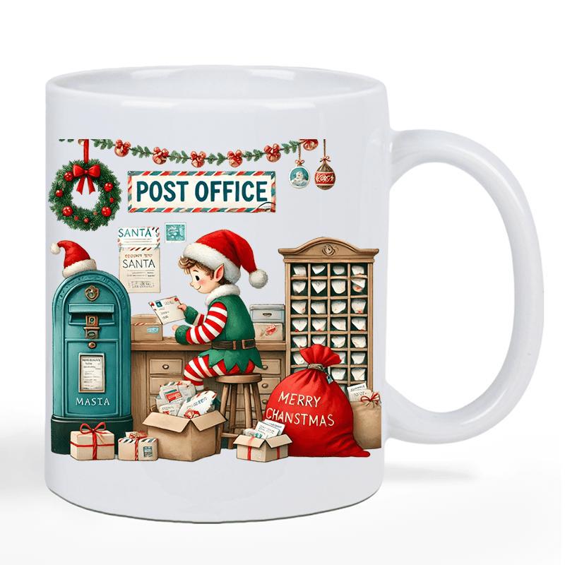 Tailorly White Ceramic 11 oz Mug - Post Office Santa Merry Christmas Festive Holiday Scene With Mailbox And Gifts Surrounding A Working Elf