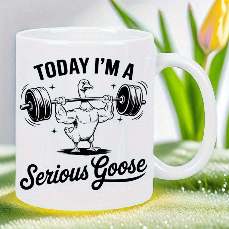 Tailorly White Ceramic 11 oz Mug - Today I'm A Serious Goose Strong Muscular Body Lifting A Heavy Iron Barbell Weight Goose